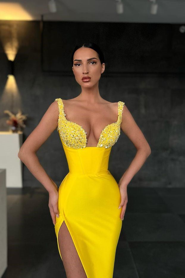 Yellow Sequins Straps Mermaid Prom Dress With Slit PD0445