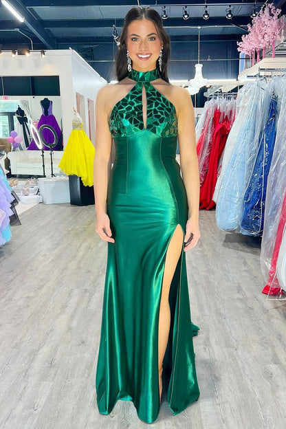 Romi | Mermaid Halter Dark Green Satin Long Prom Dresses with Beads