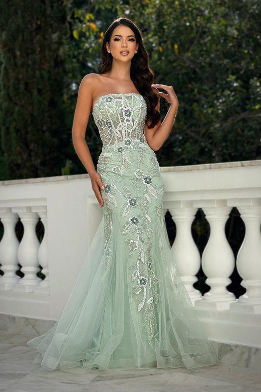 edgynewlook Glamorous Mint Applique Sleeveless Strapless Mermaid Prom Dress with Sequins