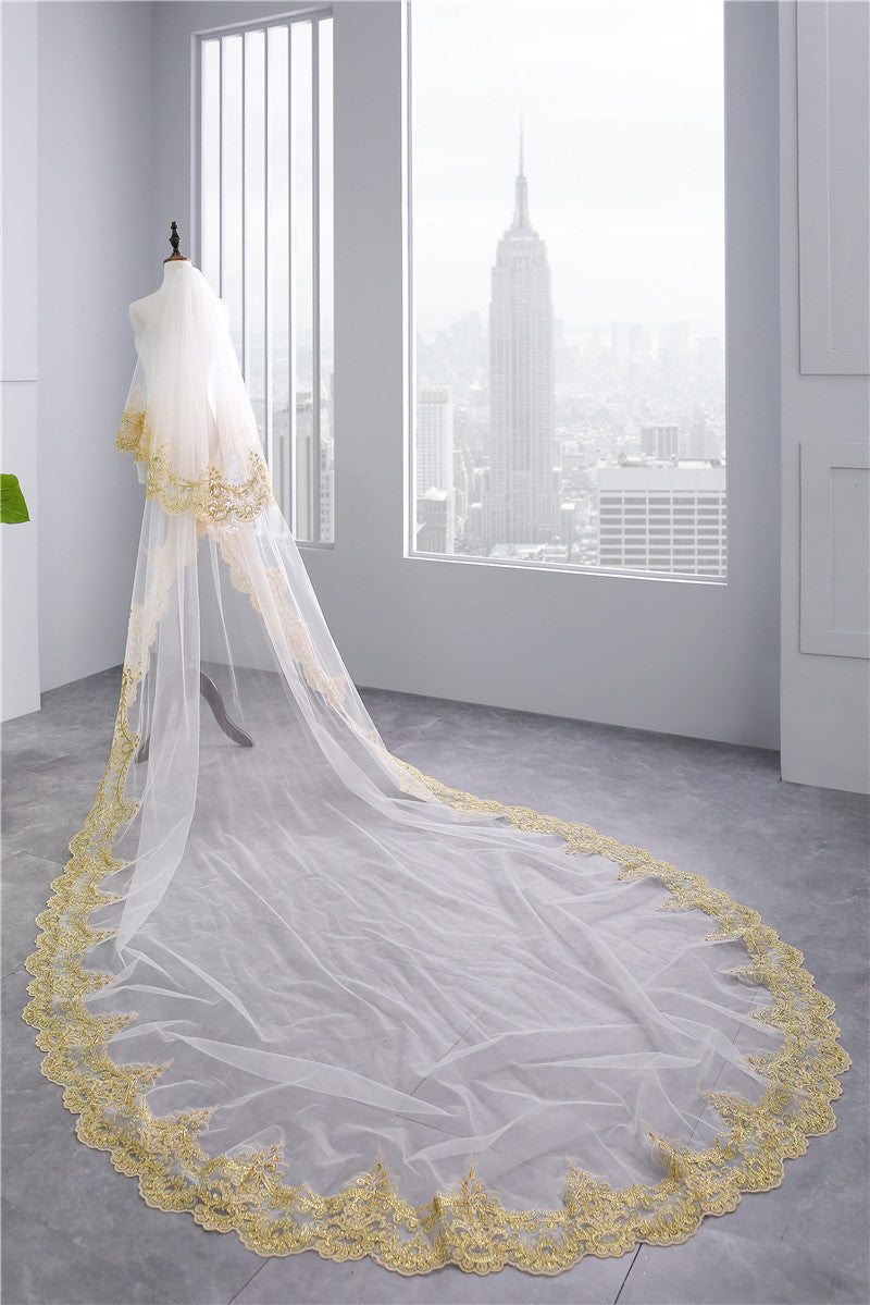 Two-tier Luxurious  Wedding Veil with Golden Lace