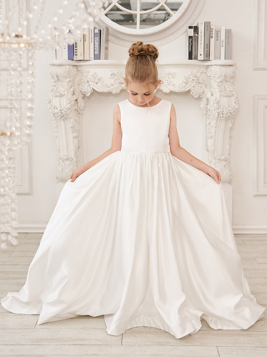 A-Line Princess Sleeveless Satin Flower Girl Dress with Sweep Train and Bow