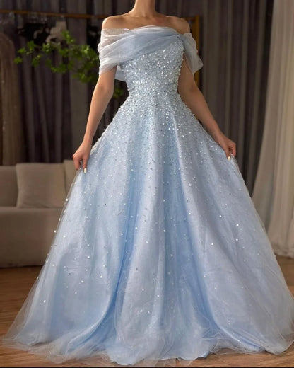 Sky Blue Off-The-Shoulder Sequins A-Line Prom Dress ZT0550