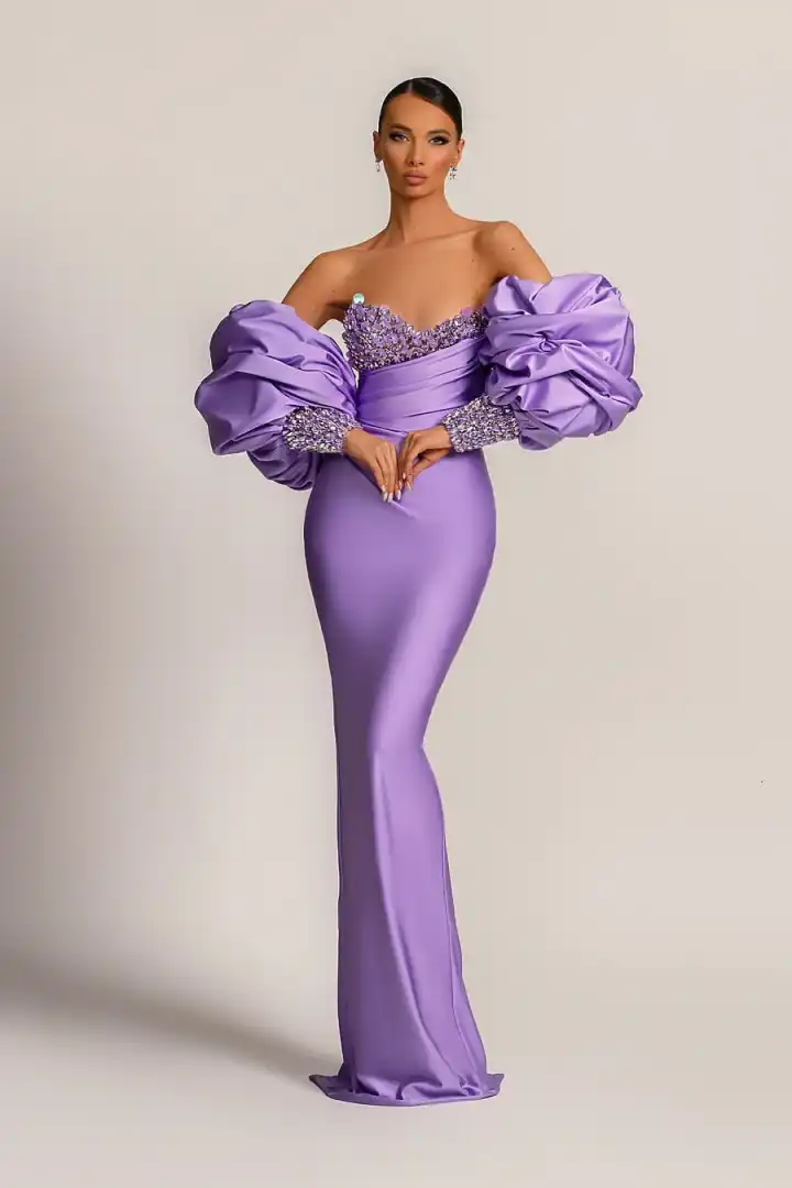 edgynewlook Purple Mermaid Prom Dress With Appliques Puff Sleeves