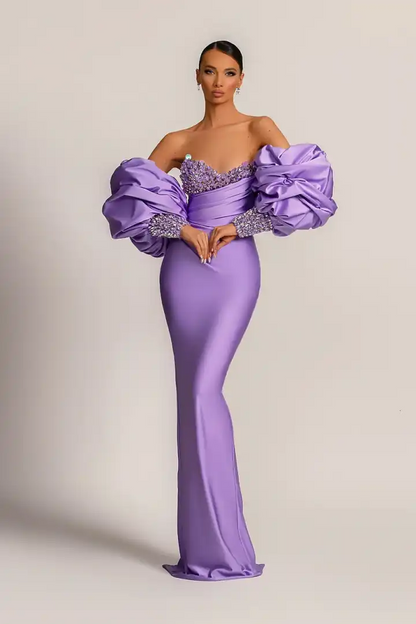 edgynewlook Purple Mermaid Prom Dress With Appliques Puff Sleeves