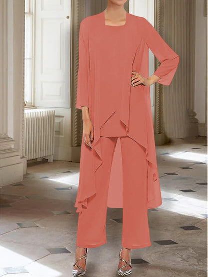 Chiffon Round Neck 3/4 Length Sleeves Ankle-Length Mother of the Bride Pantsuits with Jacket