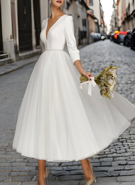 A-Line/Princess V-Neck Tea-Length Wedding Dress