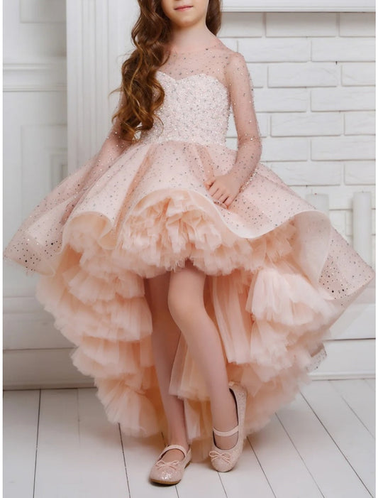 A-Line/Princess Asymmetrical High Low Flower Girl Dresses with Beading