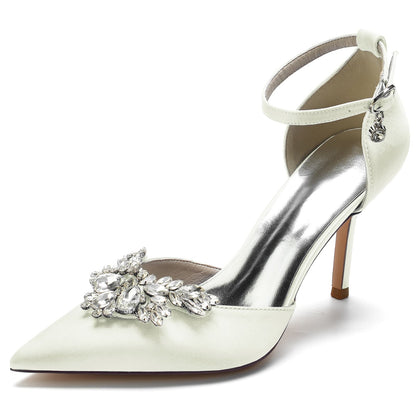 Women's Wedding Shoes High Heel Pointed Toe Buckle Bridal Shoes with Rhinestones