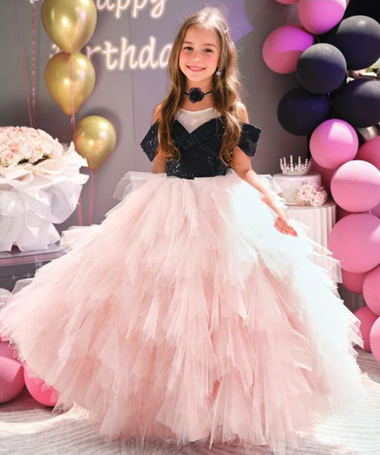 Off-the-Should Floor Length A-Line/Princess Girl Party Dress with Ruffles Tulle