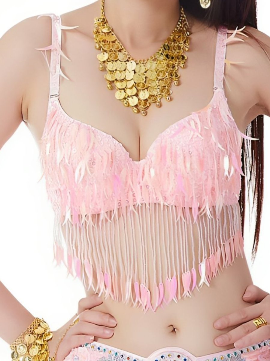 Belly Dancewear Chili Pepper Tassel Sleeveless Bra with Sequins & Beading