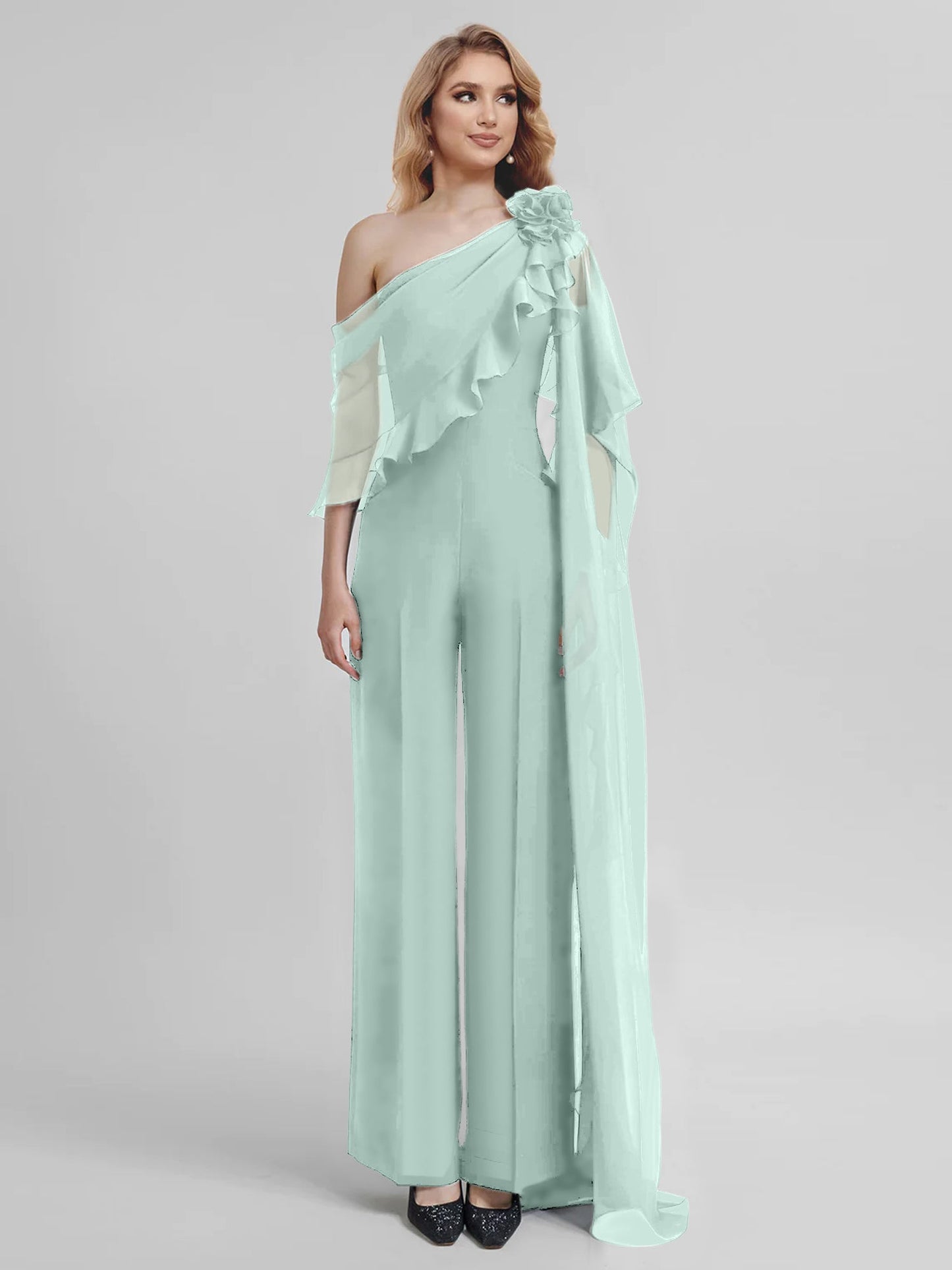 Jumpsuits One-Shoulder Half Sleeves Chiffon Mother Of The Bride Pantsuits