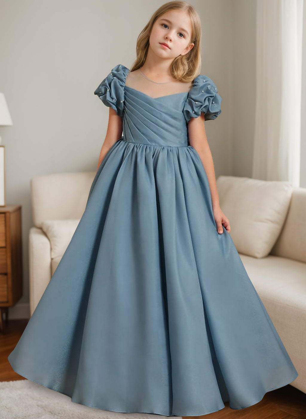 A-Line/Princess Scoop Neck Short Sleeves Floor-Length Flower Girl Dress with Ruffles