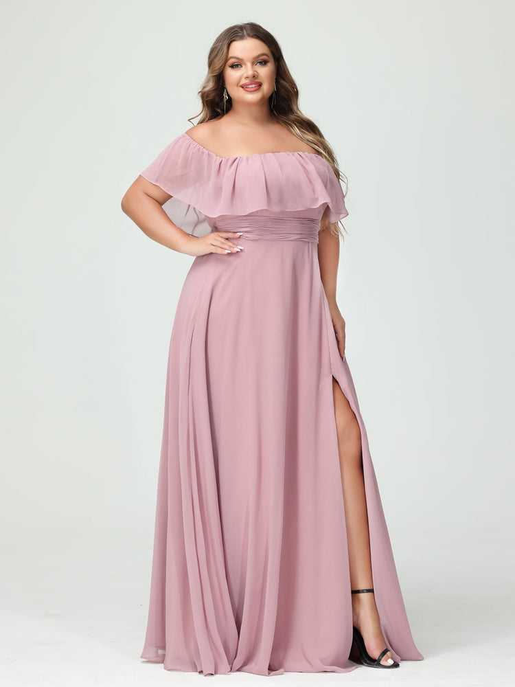 A-Line/Princess Off-the-Shoulder Short Sleeves Chiffon Plus Size Bridesmaid Dresses with Pockets & Split Side