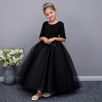 Floor Length Half Sleeves Round Neck A-Line/Princess Girl Party Dress with Bow