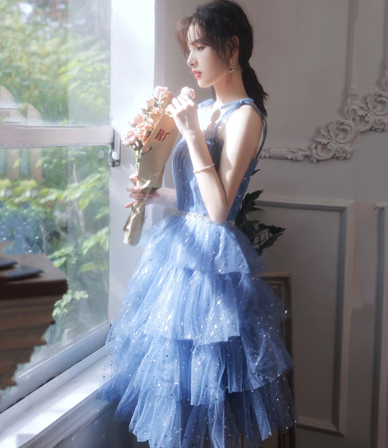 Blue tulle off shoulder prom dress homecoming dress  8896