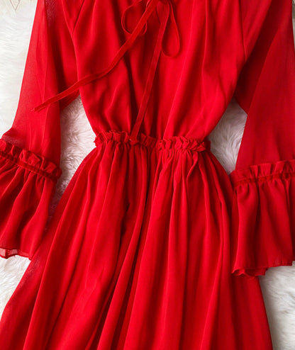 Red A line chiffon dress fashion girl dress  1005