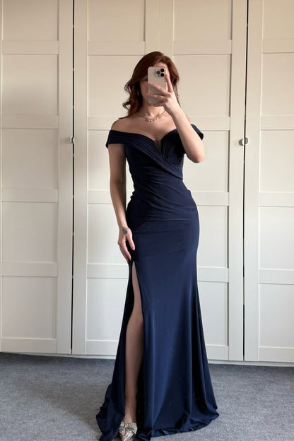 Dark Navy Elegant Split Off-The-Shoulder Prom Dress ZT0574