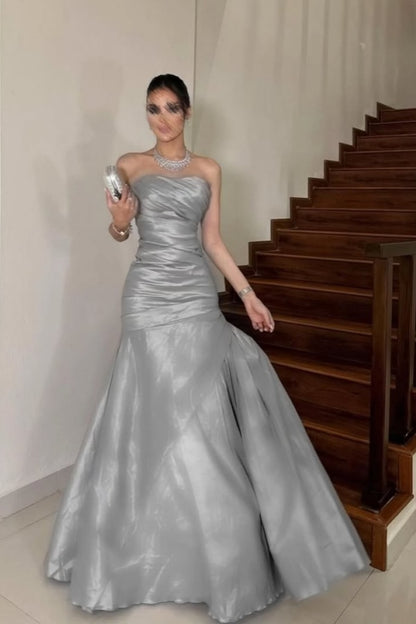 Silver Mermaid Mesh Strapless Pleated Prom Dress ZT0493