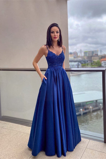 Royal Blue Prom Dress Lace Appliques With Pockets PD0209