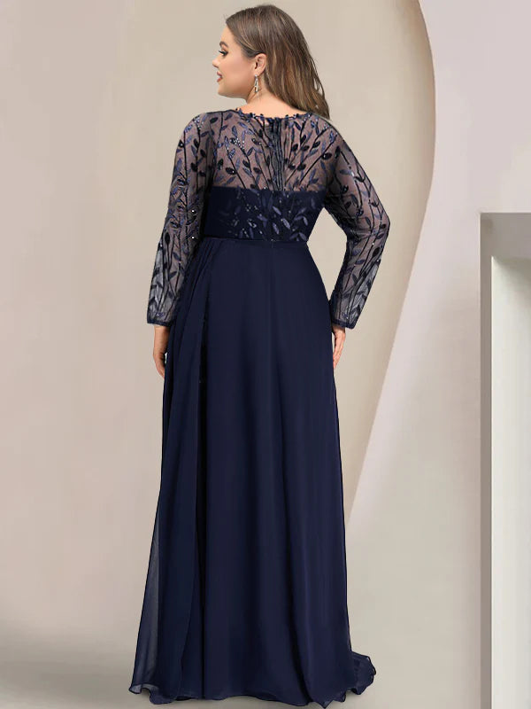 A-Line/Princess Scoop Long Sleeves Floor-Length Plus Size Mother of the Bride Dresses with Split Side, Ruffles & Sequins