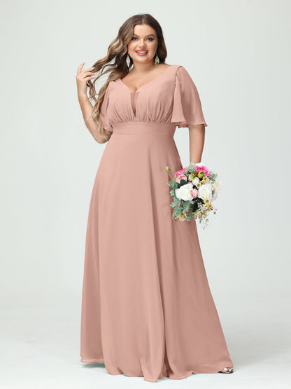 A-Line/Princess V-Neck Half Sleeves Chiffon Plus Size Bridesmaid Dresses with Pockets