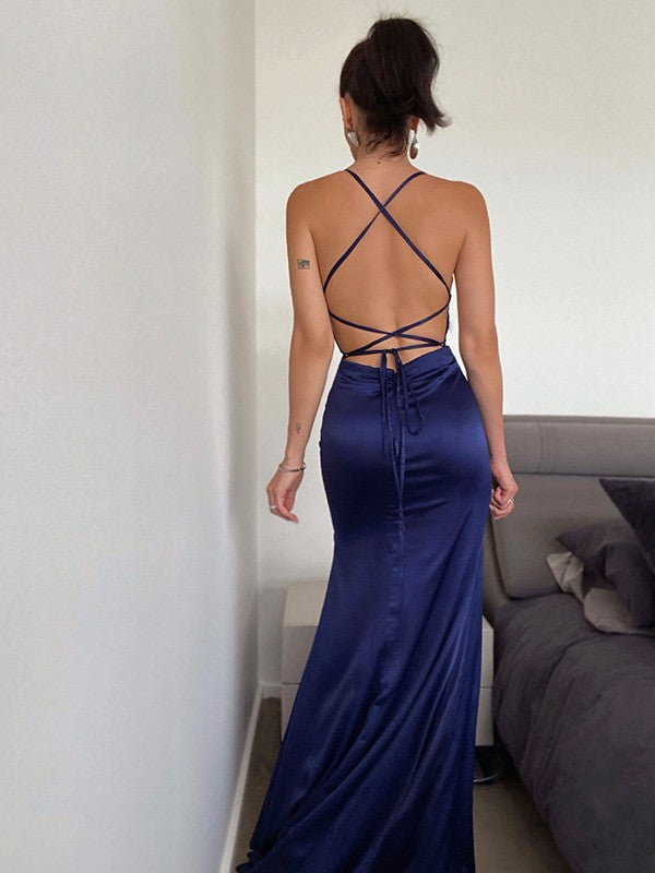 Navy Blue Mermaid Prom Dress With Split PD0167