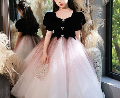 A-Line/Princess V-Neck Short Sleeves Floor Length Girl Party Dress with Crystals