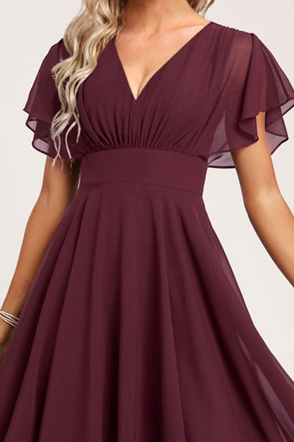 Fashion V-neck Solid Homecoming Dress Short Sleeve Prom Dress CM198