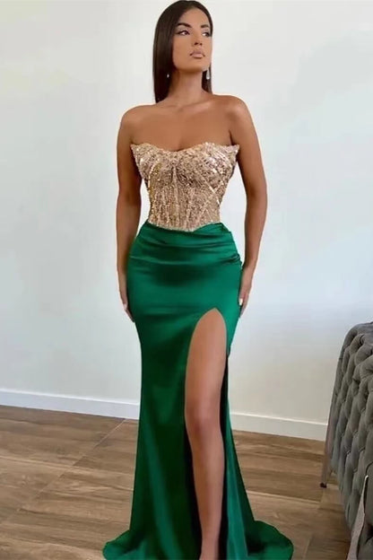 Strapless Green Beadings Mermaid Prom Dress Split With Applique ED0125