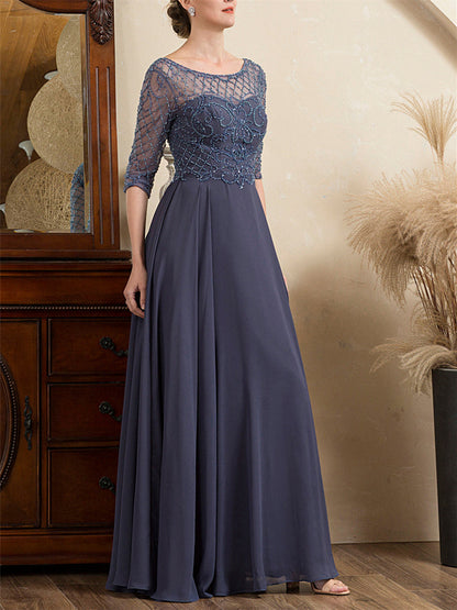 A-Line/Princess Scoop Short Sleeves Floor-Length Beaded Mother of the Bride Dresses