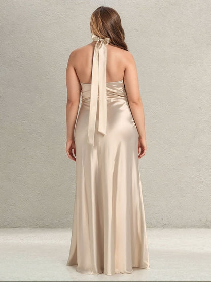 Sheath/Column Halter Sleeveless Floor-Length Plus Size Bridesmaid Dresses with Split Side