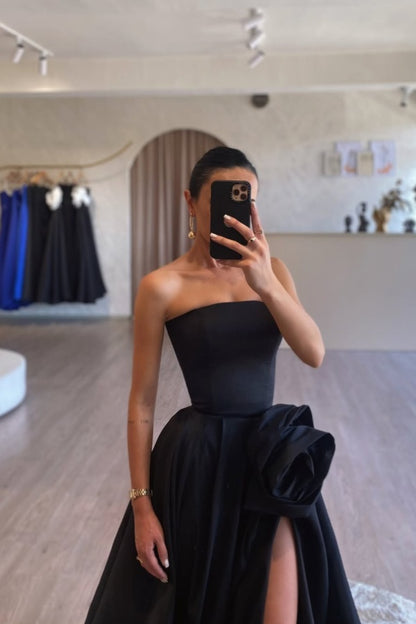 Formal Black A-Line Split Strapless Prom Dress ZT0536