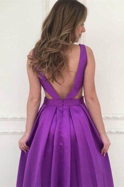 Purple V Neck Sleeveless A-Line Prom Dress With Pockets PD0696