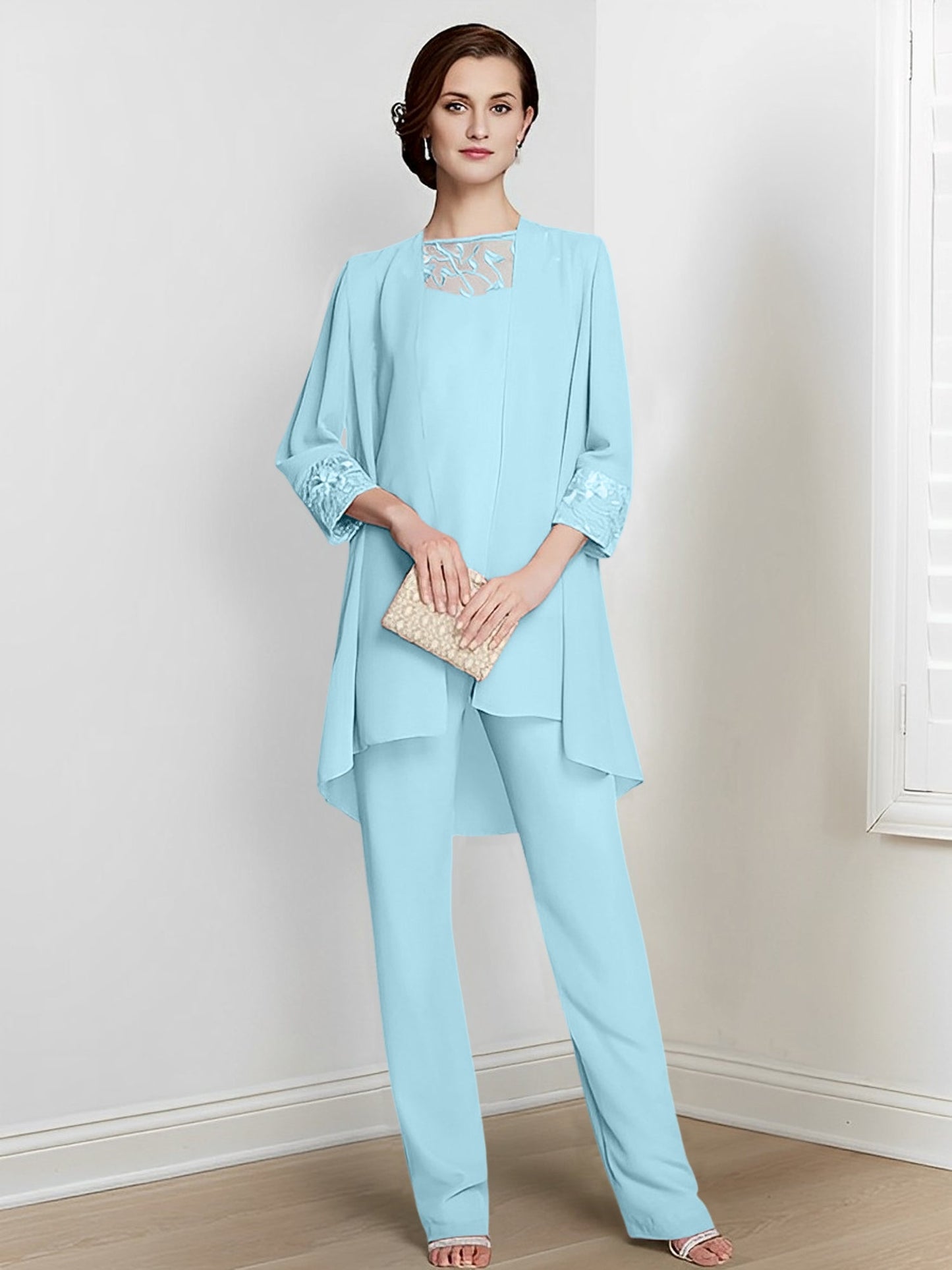 Chiffon Square Neck Long Sleeves Floor-Length Mother Of The Bride Pantsuits With Jacket