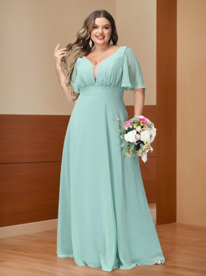 A-Line/Princess V-Neck Half Sleeves Chiffon Plus Size Bridesmaid Dresses with Pockets