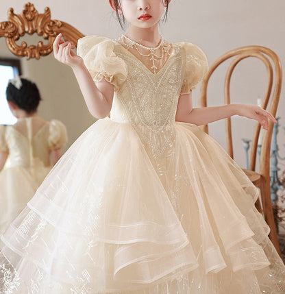 Ball Gown Beading Round Neck Short Sleeves Flower Girl Lace Dress with Rhinestones