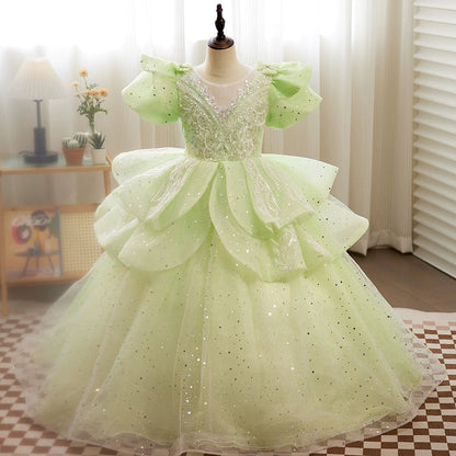 Ball Gown Puffy Short Sleeves Floor Length Girl Party Dress with Crystal Appliques