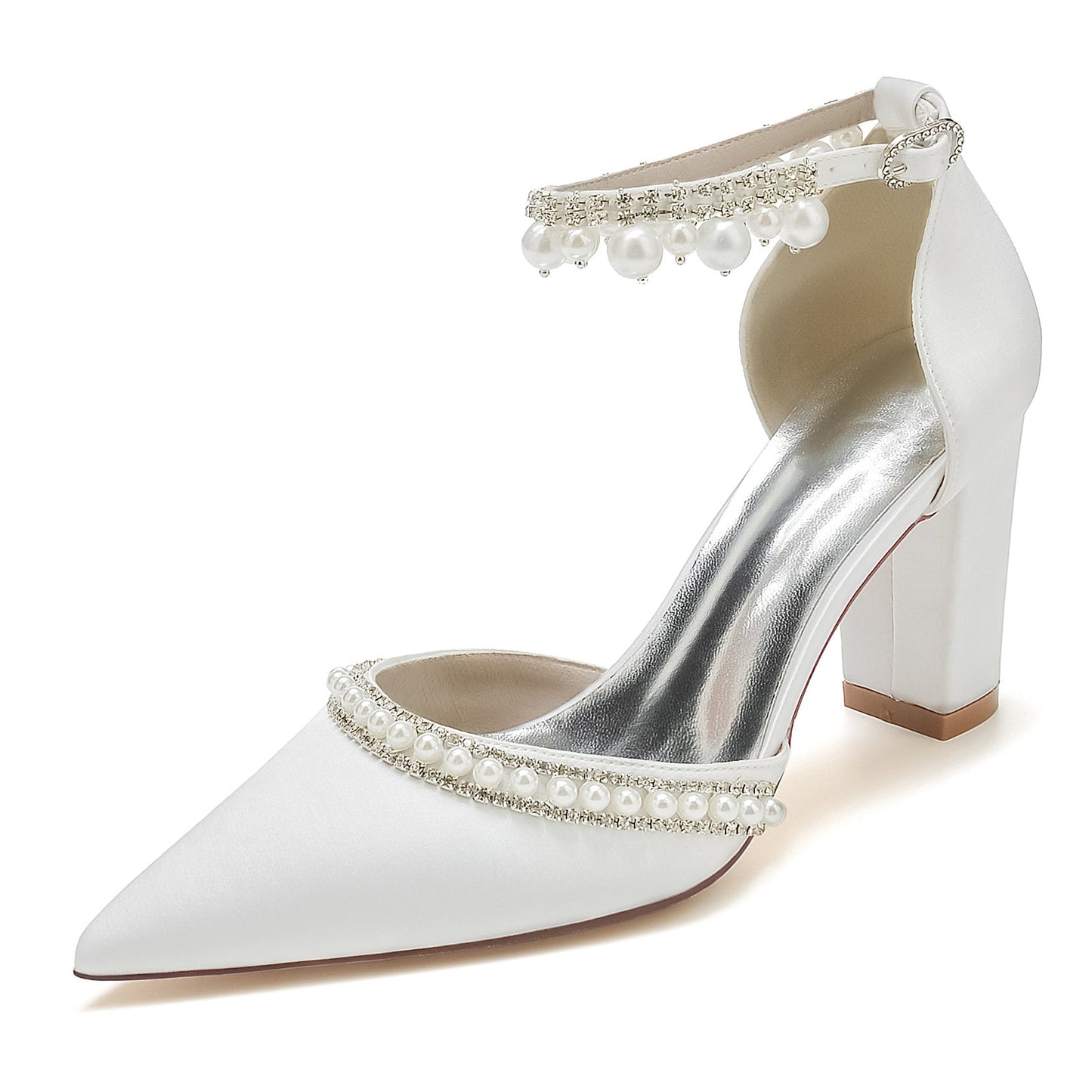 Women's Wedding Rhinestone Pearl Block Heel Pointed Toe Buckle Bridal Shoes