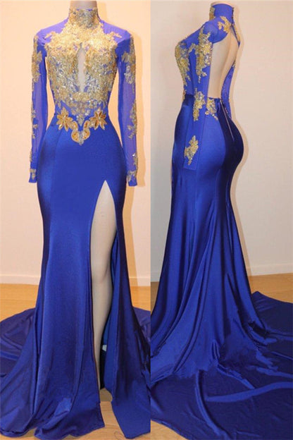 Long Sleeves Royal Blue Prom Dress Slit PD024