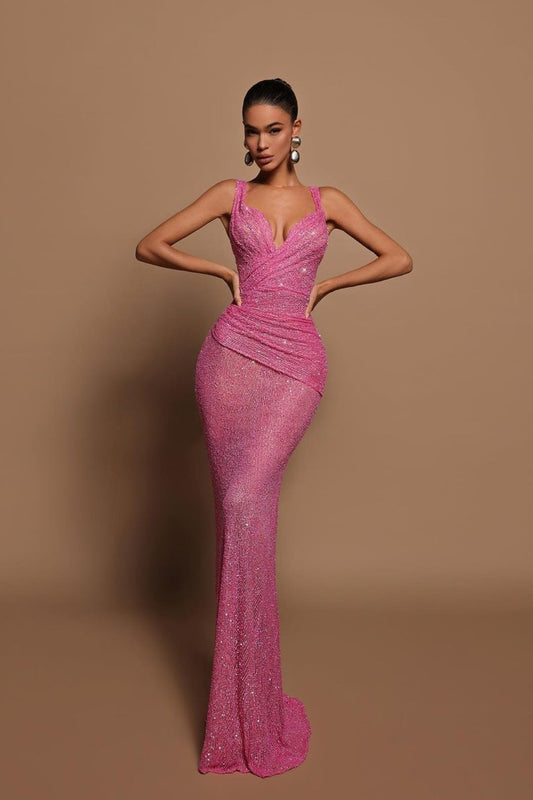 Sexy Pink Long Sequins Prom Dress V Neck Mermaid Sleeveless YL0268