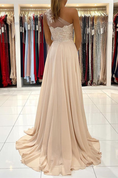 One Shoulder Lace Appliques Prom Dress With Slit PD0425