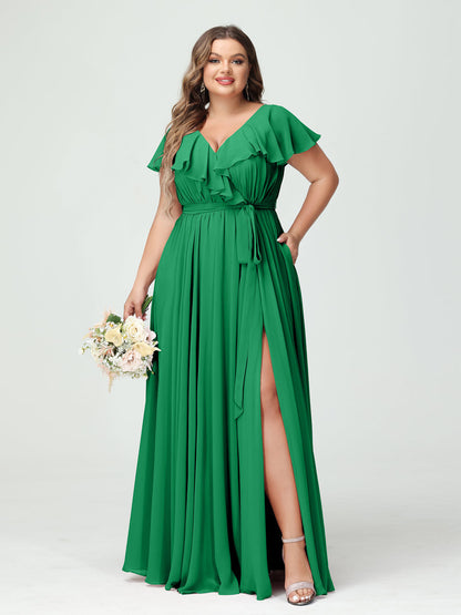 A-Line/Princess V-Neck Short Sleeves Chiffon Plus Size Bridesmaid Dresses With Pockets,Ruffles  ,Ruched & Split Side