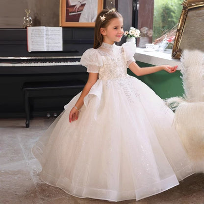 Short Sleeves A-Line/Princess High Neck Flower Girl Dresses with Crystal Appliques