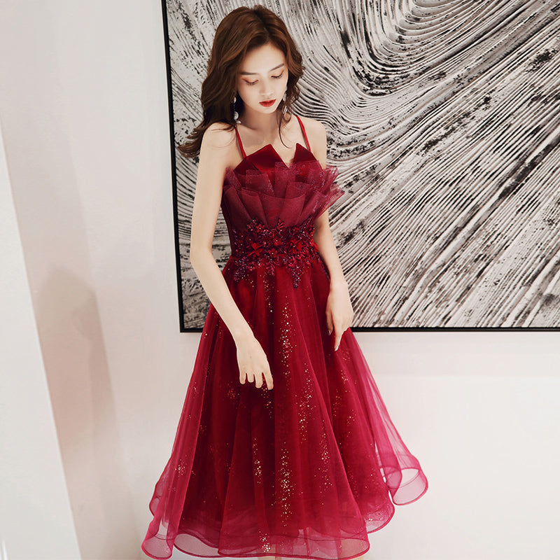 Cute burgundy tulle short prom dress homecoming dress  8252