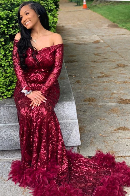 edgynewlook Long Sleeves Mermaid Prom Dress Sequins Burgundy With Feather