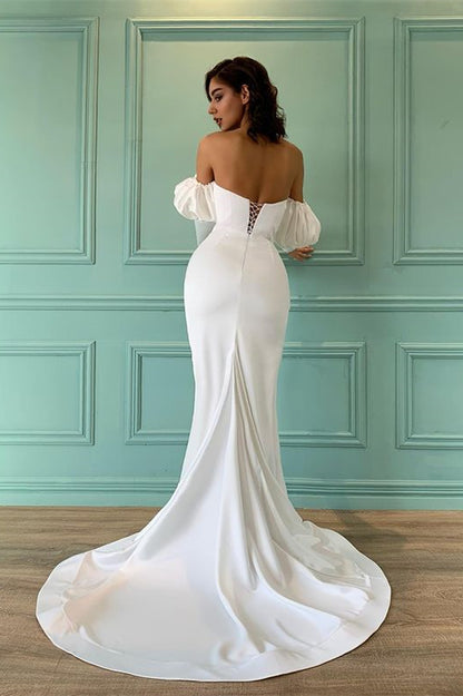 Ivory Sweetheart Bubble Sleeves Mermaid Prom Dress With Split PD0702