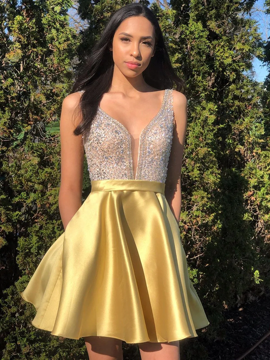 A Line V Neck Short Yellow Beaded Prom Dresses, Short Yellow Beaded Formal Homecoming Dresses gh1638