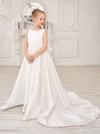 A-Line Princess Sleeveless Satin Flower Girl Dress with Sweep Train and Bow