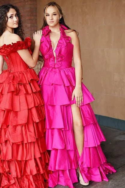 Flora | Halter Red Ruffle Tiered A-Line Prom Dress