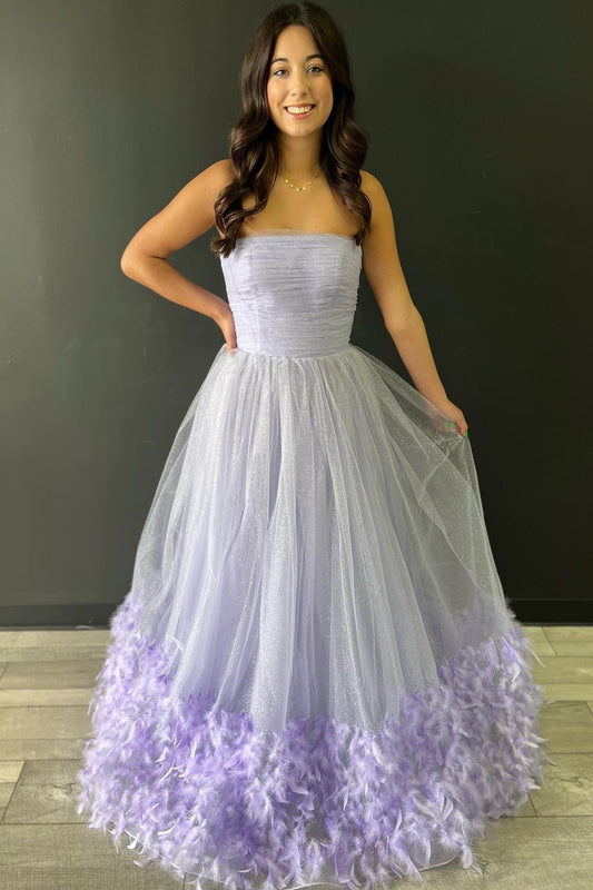 Lavender Strapless Pleated A-Line Prom Dress with Feathers